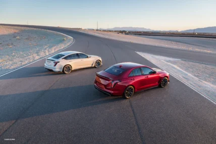 2022 Cadillac CT5 V Blackwing in white, CT4 V Blackwing in red.