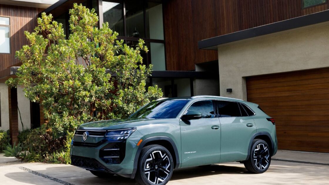 2027 VW Atlas Cross Sport in Dark Sage Metallic, front three-quarter view