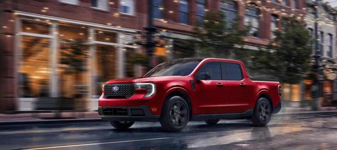 The Ford Maverick pickup driving through a city, built at the same Hermosillo plant that could produce the new budget Ford SUV
