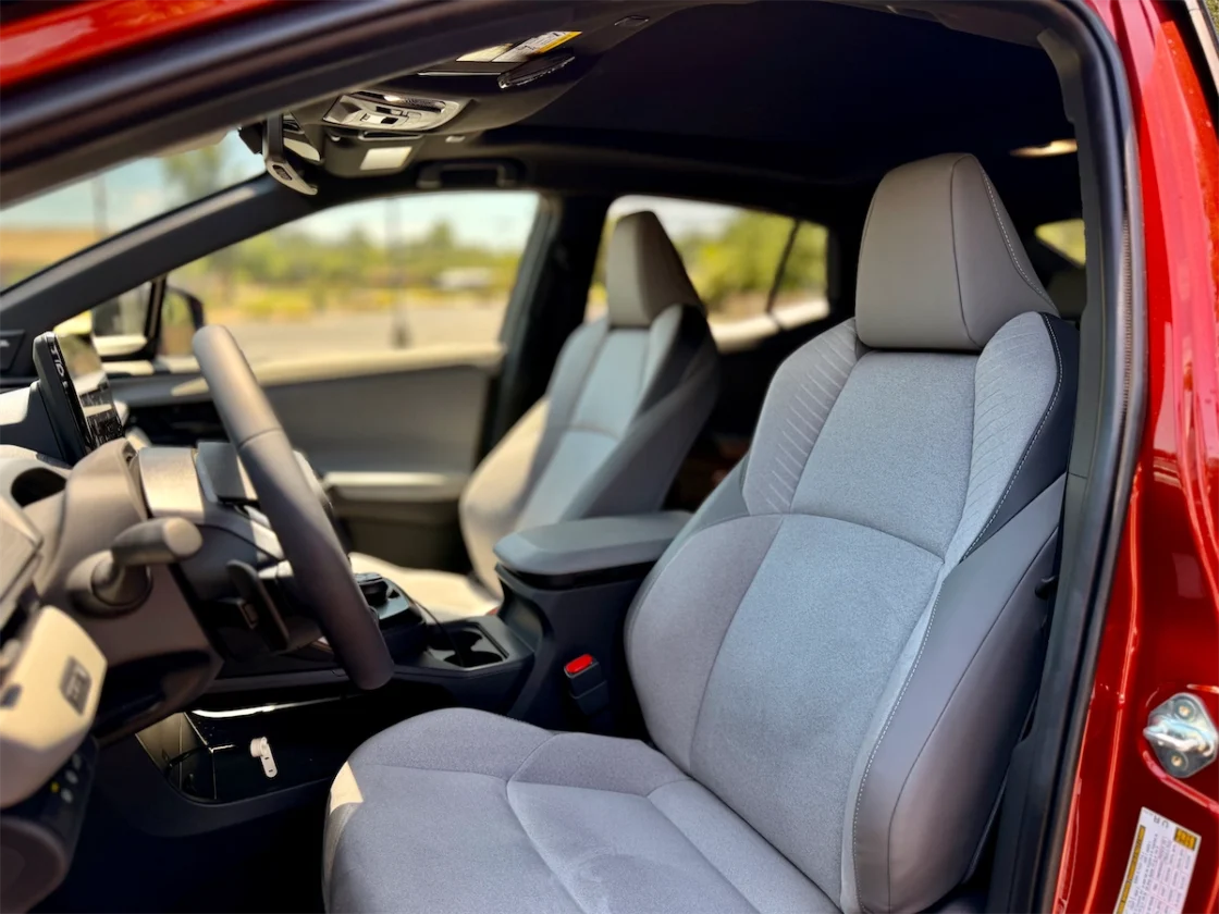 Front seats of the 2026 Toyota C-HR XSE trimmed in two-tone synthetic suede and SofTex