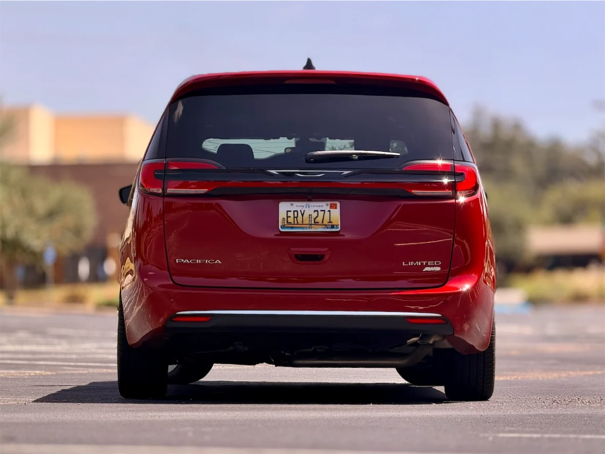 Rear view of a red 2027 Chrysler Pacifica Limited AWD