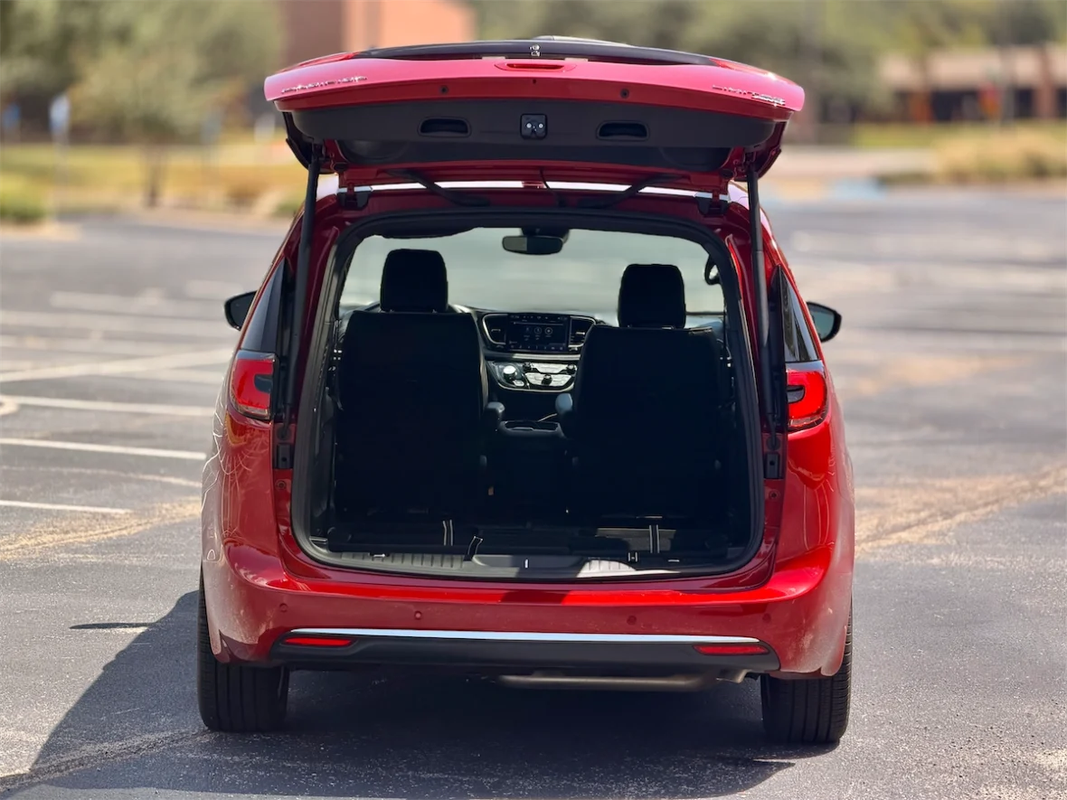 Red 2027 Chrysler Pacifica with the rear liftgate open