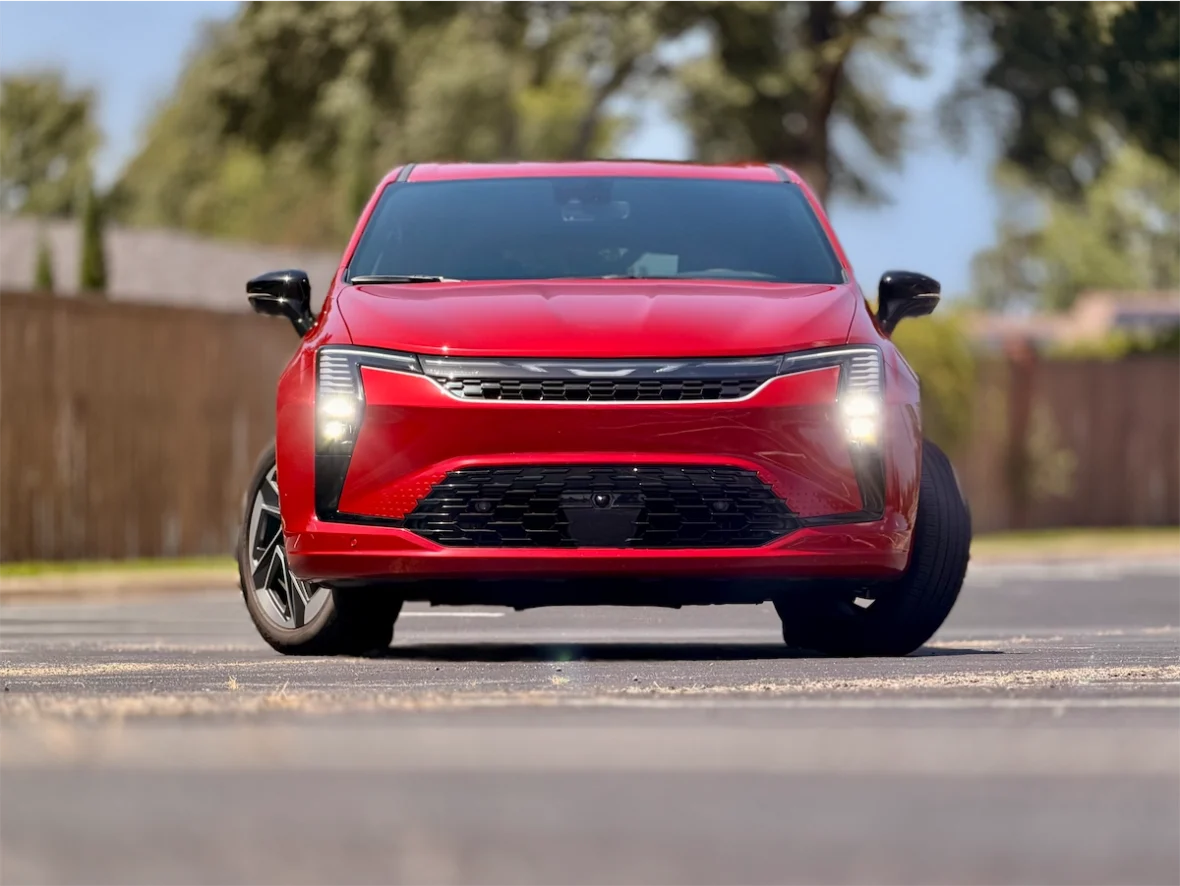Head-on front view of a red 2027 Chrysler Pacifica