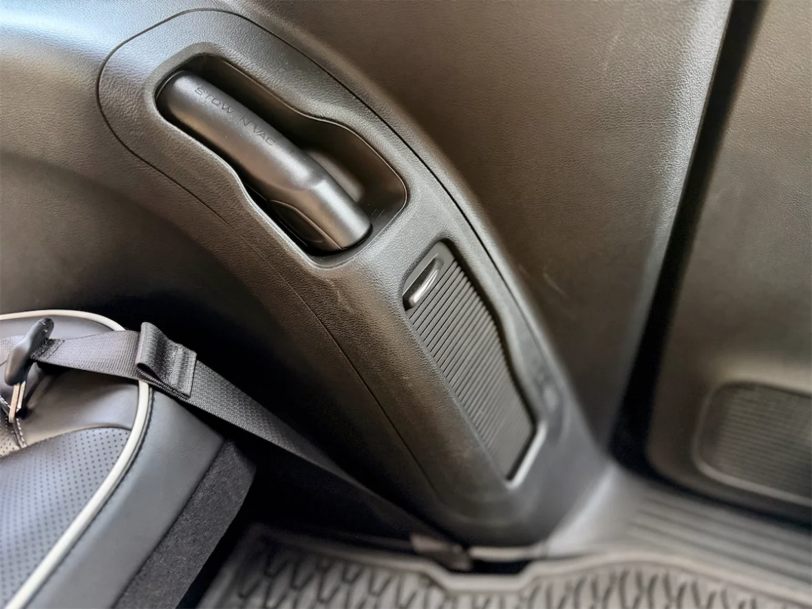 Second-row seat recline handle and seatbelt in a 2027 Chrysler Pacifica