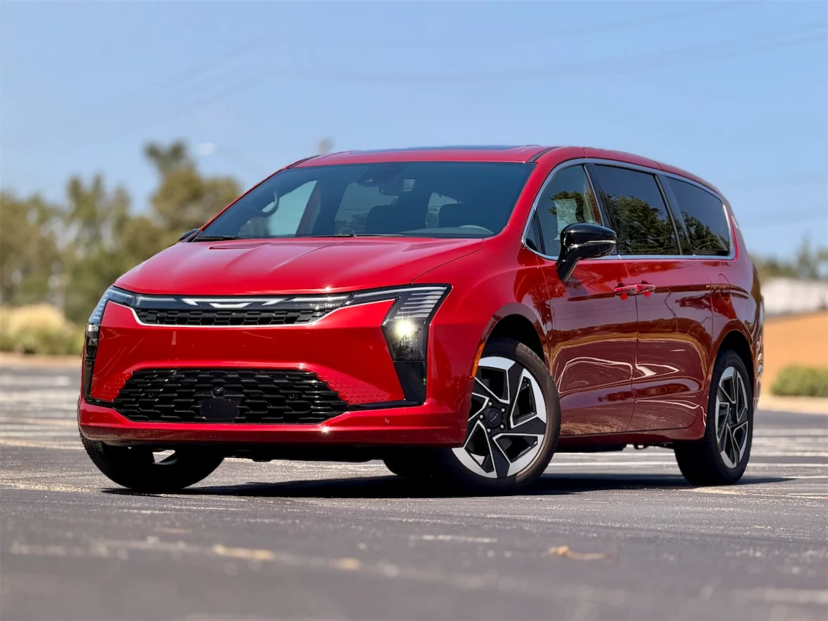 Front three-quarter beauty shot of a red 2027 Chrysler Pacifica