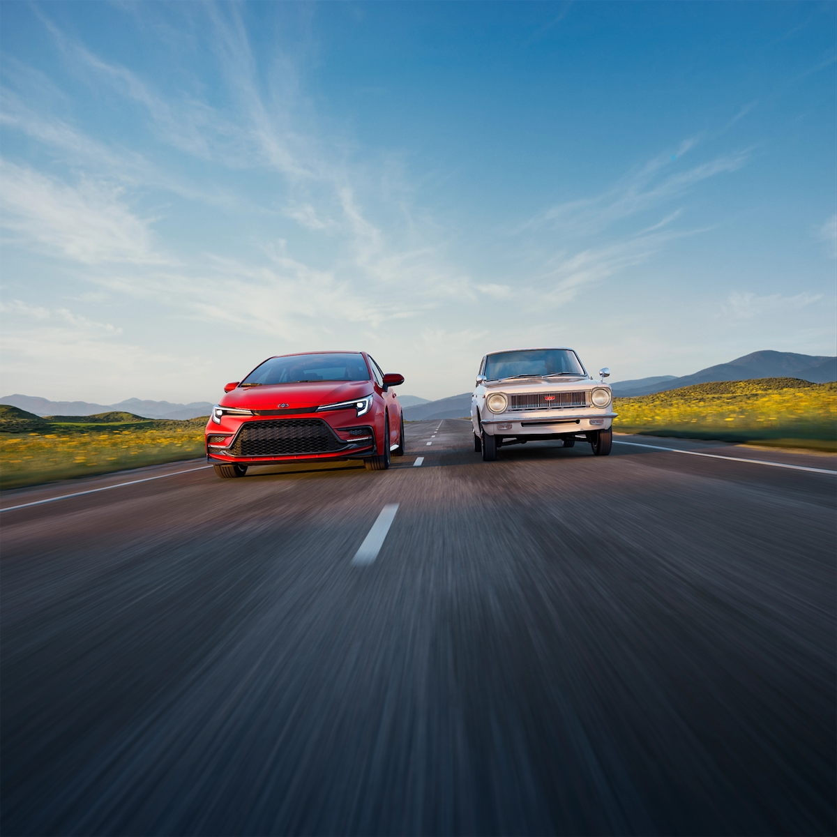 Classic Corolla alongside the 2027 Toyota Corolla 60th Anniversary Edition