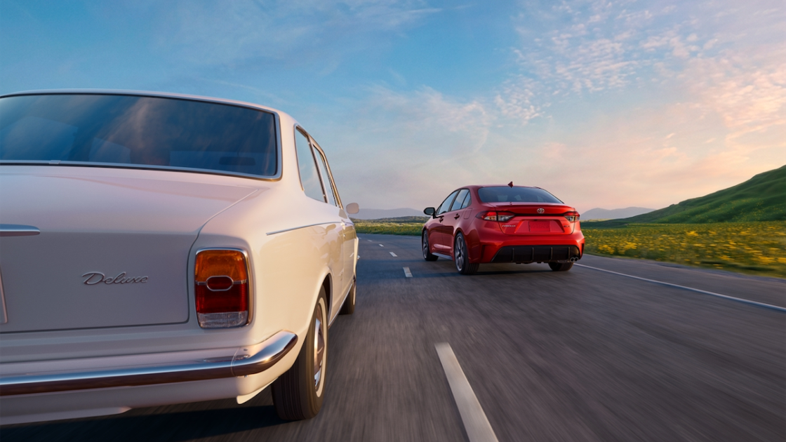 Classic Corolla and the new 2027 Toyota Corolla 60th Anniversary Edition on an open road