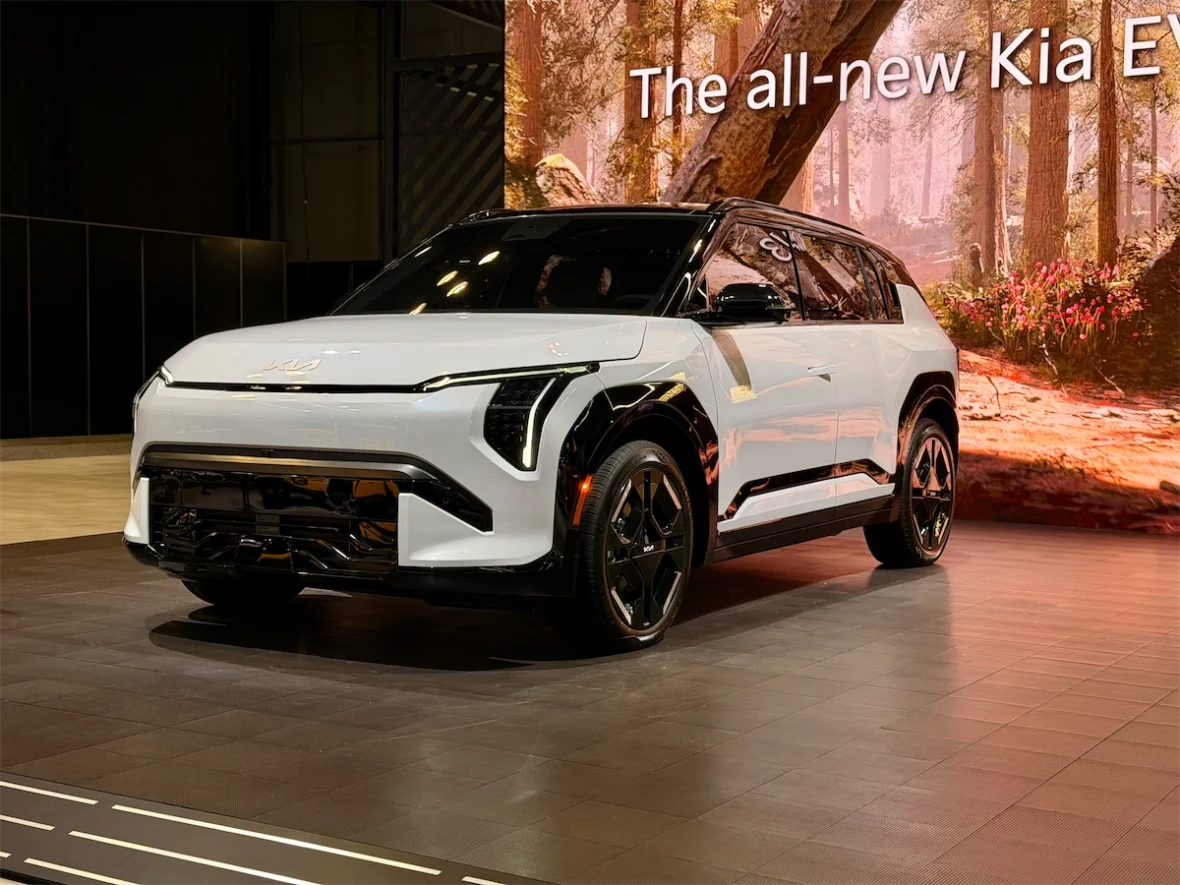 White 2027 Kia EV3 on display