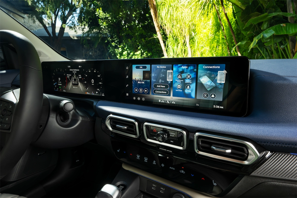 Sedan interior dashboard with two large screens