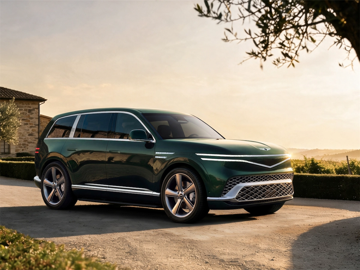 Genesis GV90 rear three-quarter view at sunset