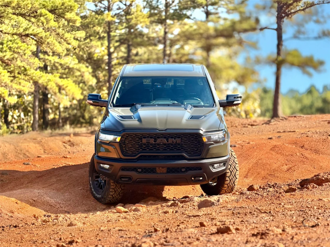 Front view of the Ram 1500 Rebel X on an uneven dirt climb