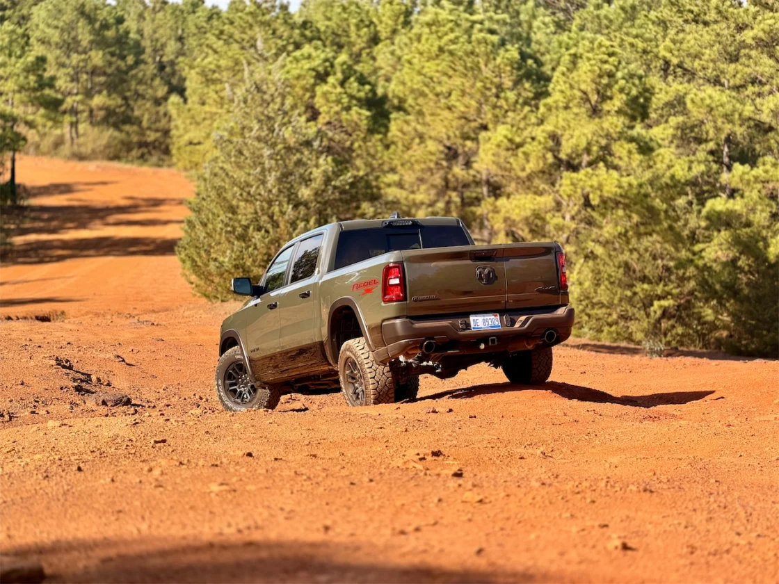 Ram 1500 Rebel X climbing a red dirt trail on Barnwell Mountain