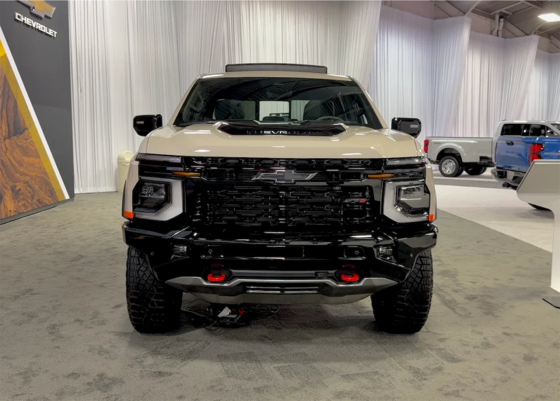 Front view of a White Sands 2027 Chevrolet Silverado ZR2 at the State Fair of Texas