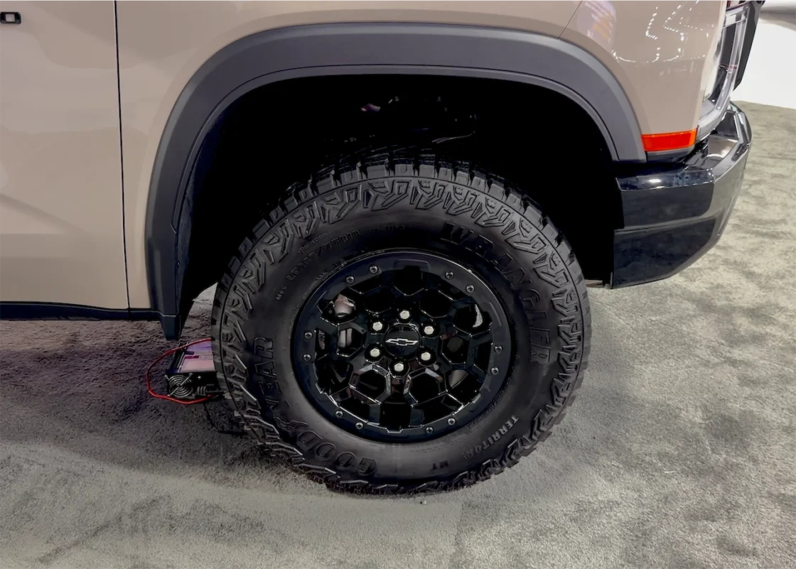 Close-up of a 2027 Chevrolet Silverado ZR2 35-inch Goodyear tire and black 18-inch wheel