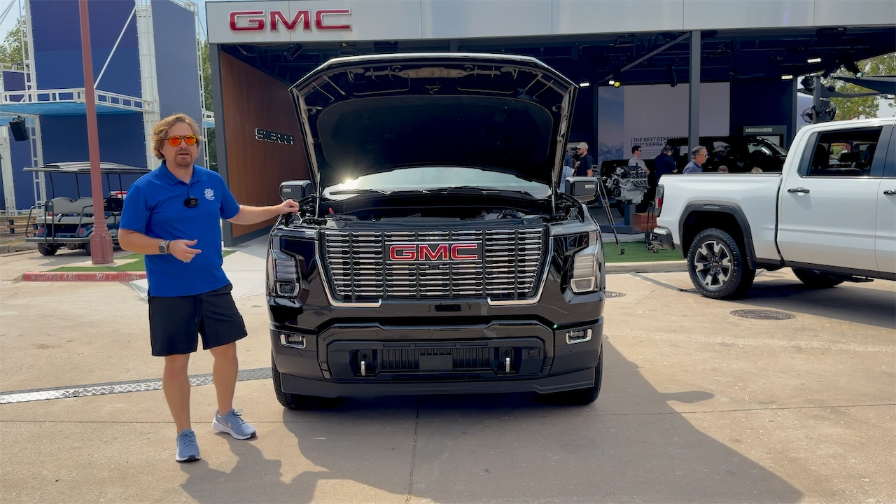 GMC Sierra Denali with the hood open showing the new 5.7-liter V8