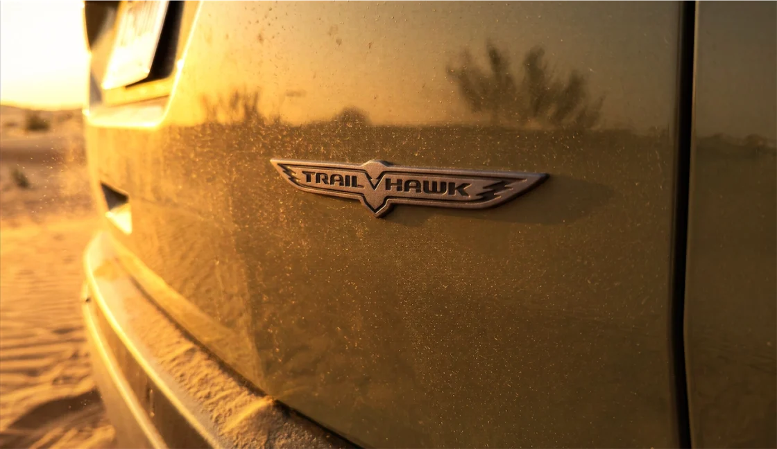 Dusty Trailhawk badge on the Jeep Cherokee Trailhawk