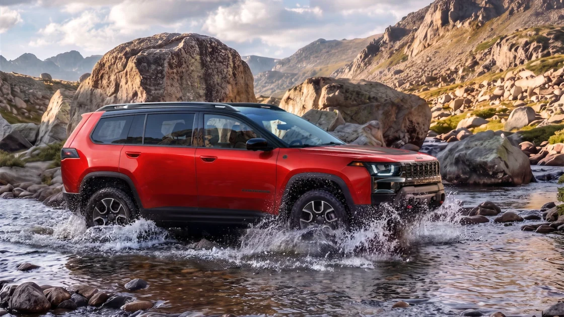 Red 2027 Jeep Cherokee Trailhawk splashing through a rocky mountain stream