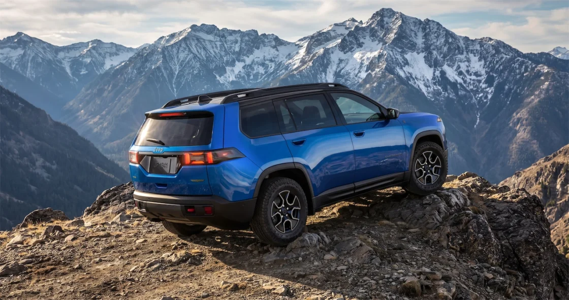 Blue 2027 Jeep Cherokee Trailhawk parked on a rocky mountain trail