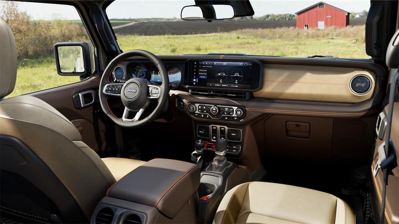 2027 Jeep Wrangler JL-2A interior with Nappa Heritage Tan leather and Bison Brown trim