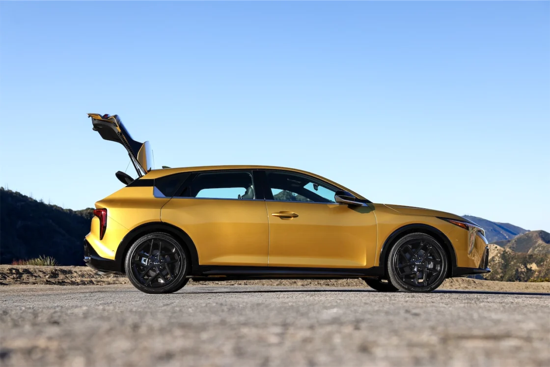 2027 Kia K4 hatchback with its liftgate open