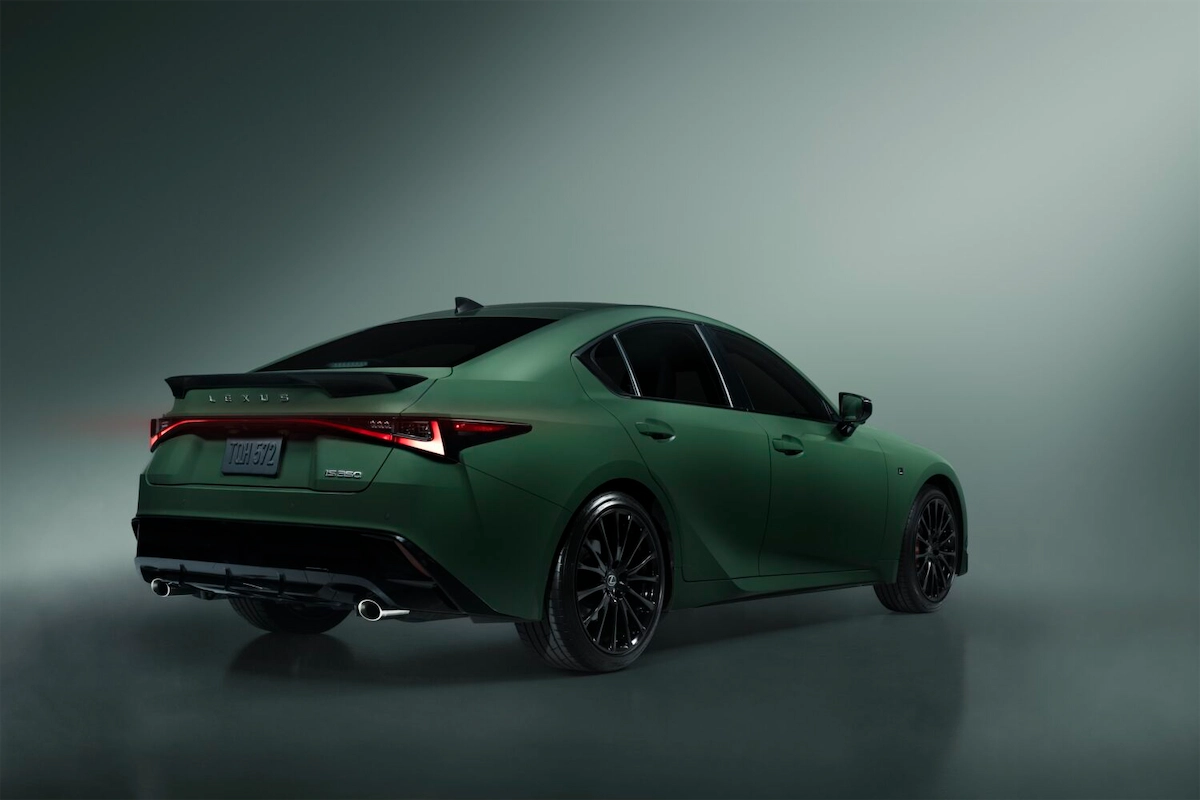 Lexus IS Special Appearance Package rear three-quarter view in Envious Green