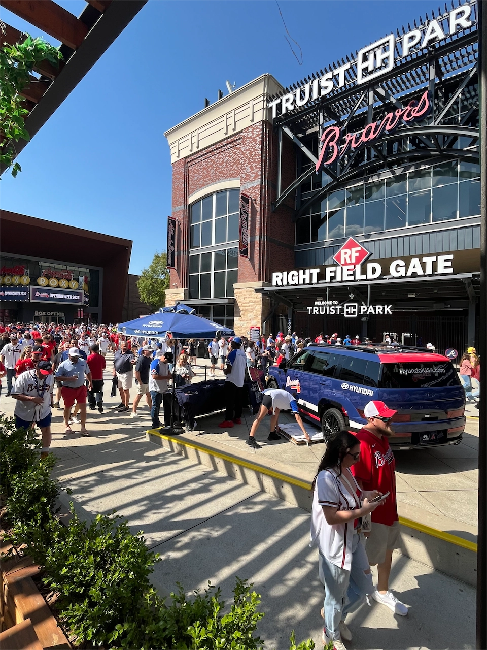 Braves fans gathered around a Hyundai display outside Truist Park Right Field Gate