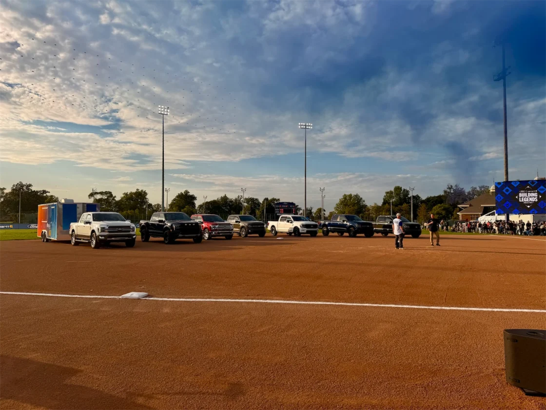 Ford F-150 pickups parked along the renovated Ford Community Field on Belle Isle.