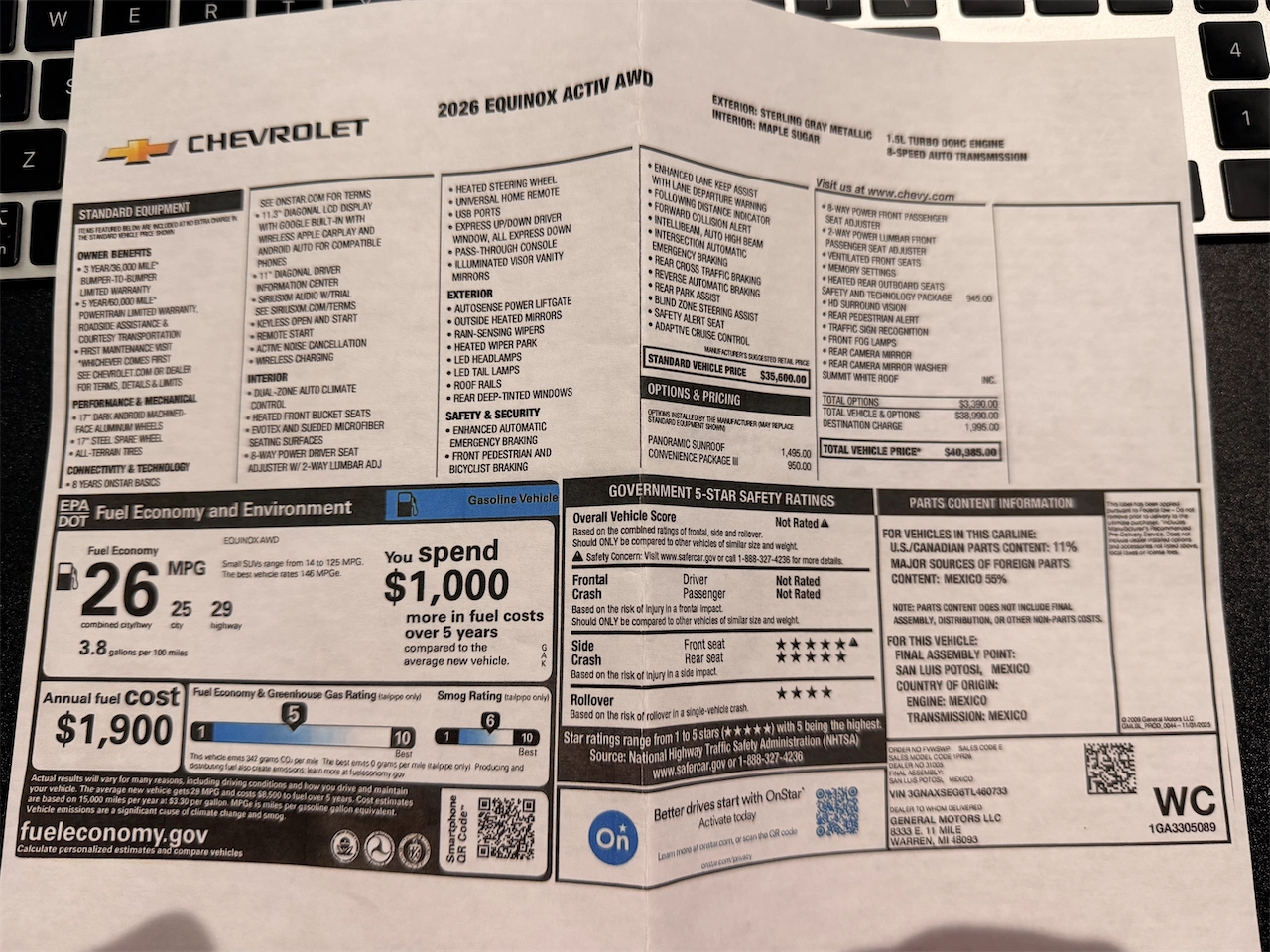 Window sticker showing the as-tested price