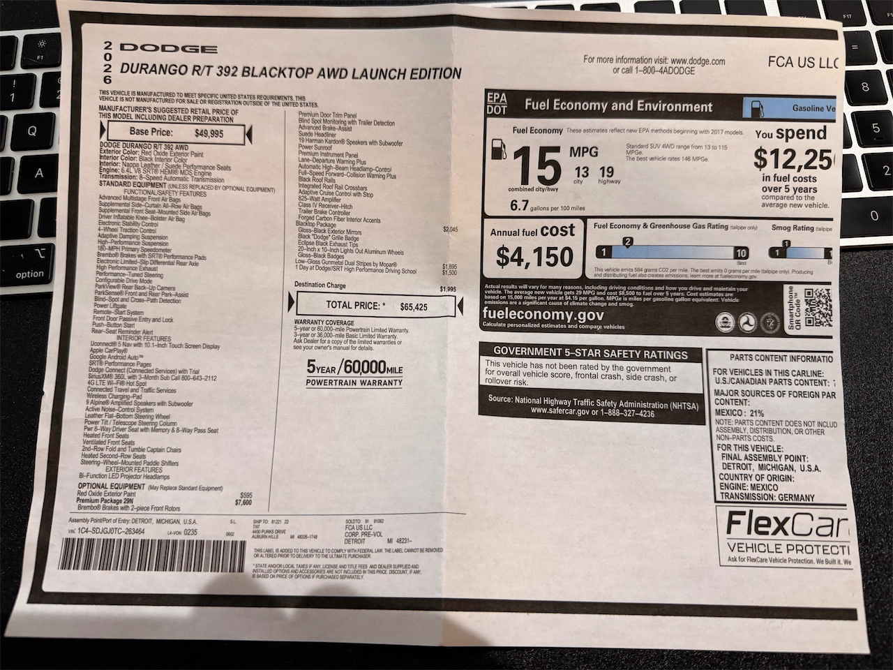 Window sticker for the 2026 Dodge Durango R/T 392