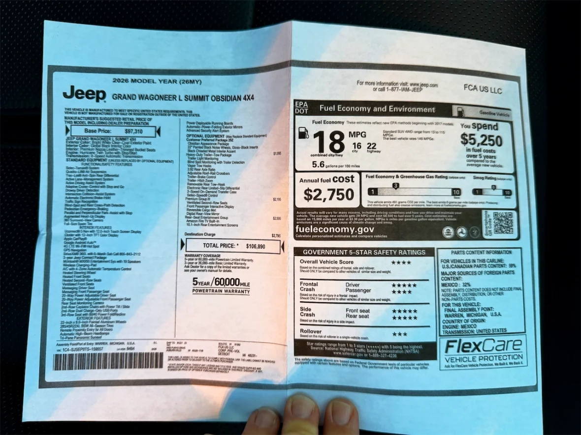 A window sticker for a 2026 Jeep Grand Wagoneer L Summit Obsidian 4x4, displaying the base price, standard equipment features, fuel economy ratings, and safety ratings.