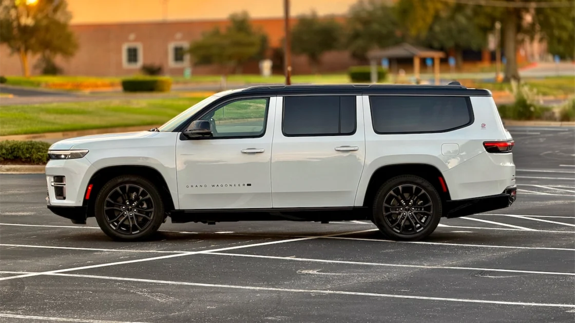 Side profile of the 2026 Jeep Grand Wagoneer L at sunset