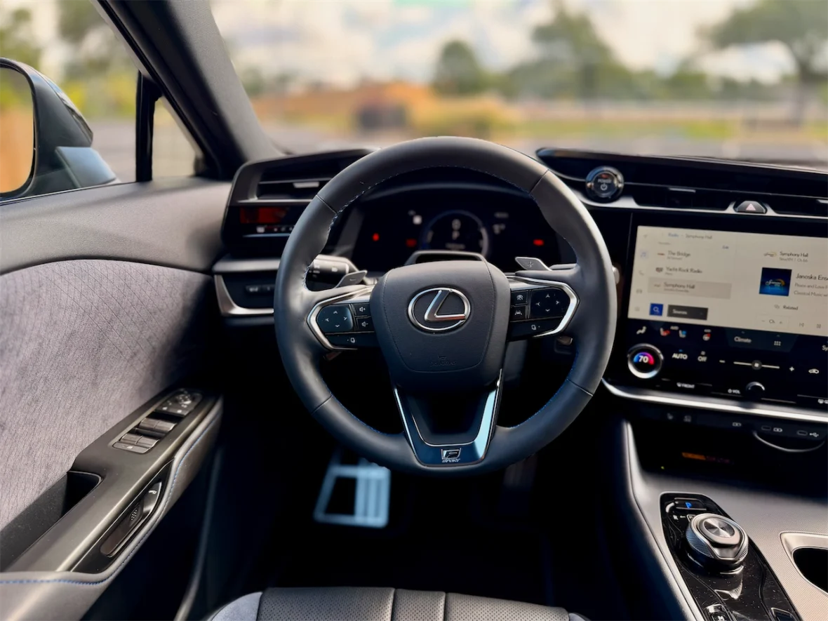 Steering wheel and digital gauge cluster in the 2026 Lexus RZ 550e F SPORT