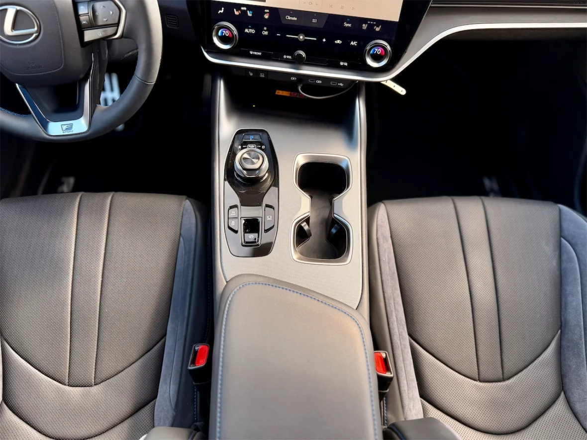 Center console of the 2026 Lexus RZ 550e F SPORT AWD