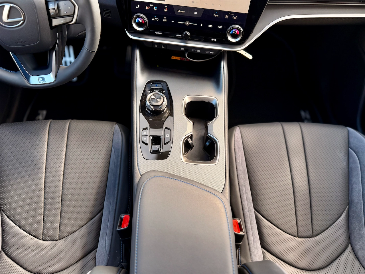 Center console of the 2026 Lexus RZ 550e F SPORT AWD