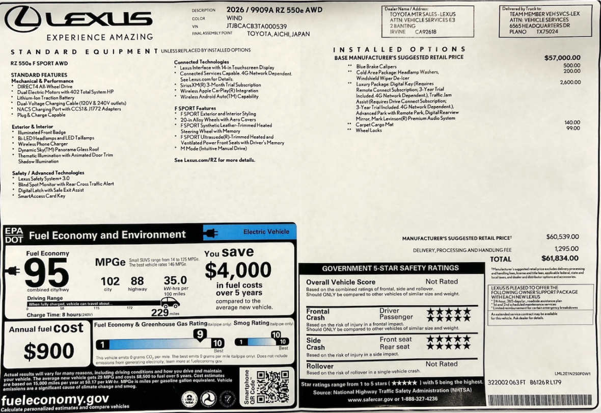 A detailed specification sheet for the 2022 Lexus RZ 550e F Sport AWD, including pricing, standard equipment, fuel economy ratings, and installed options.
