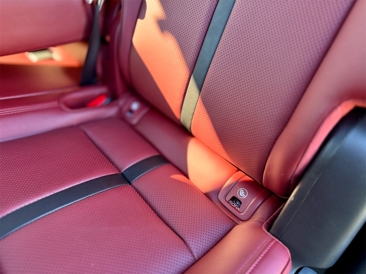 Red leather second-row seats with heated outboard positions