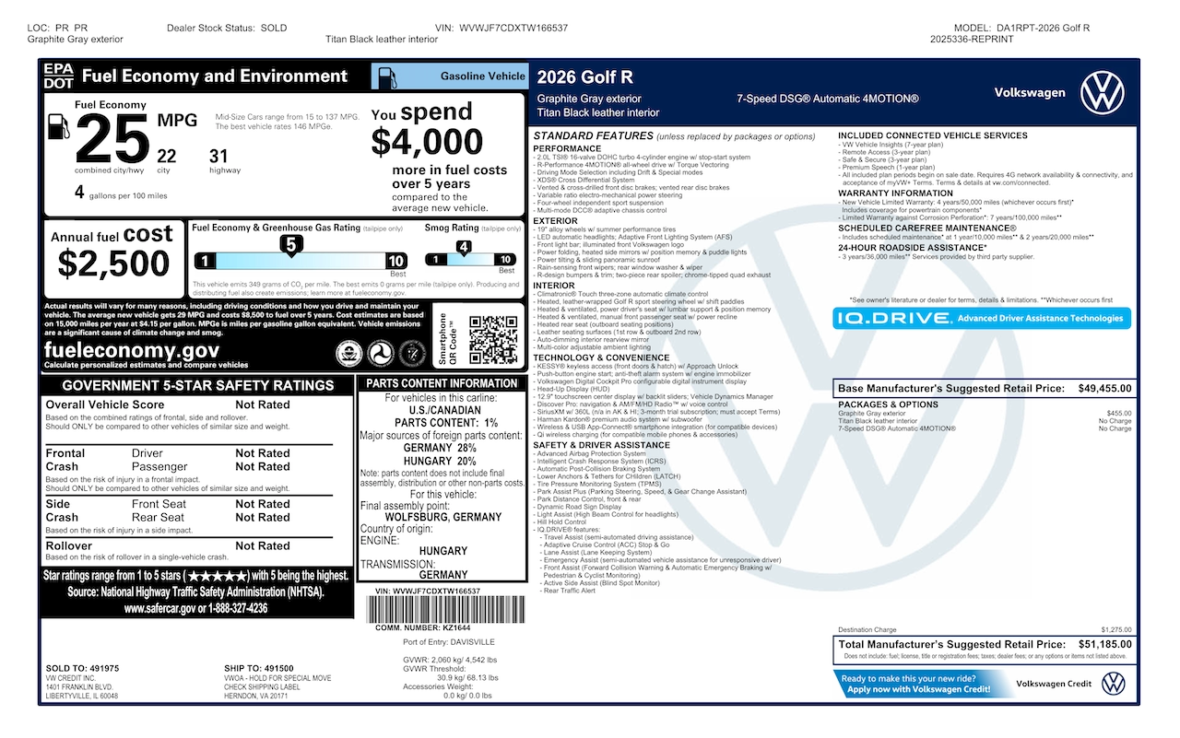 Vehicle window sticker for a 2026 Volkswagen Golf R, detailing fuel economy, safety ratings, features, and pricing.