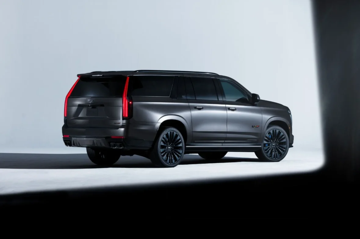 Rear three-quarter view of the Escalade-V Collector Series in Midnight Stone Frost