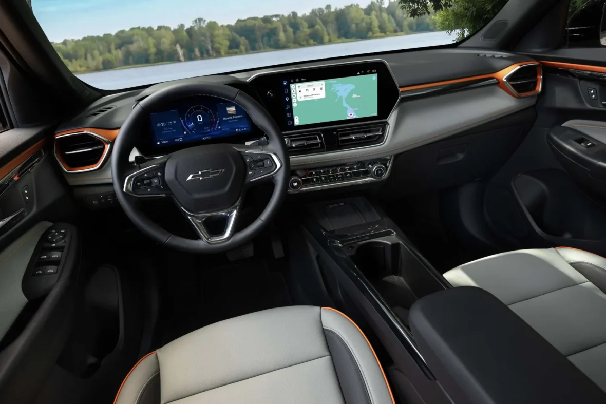 2027 Trailblazer Z71 interior in Jet Black and Storm Sky Gray with Orange accents