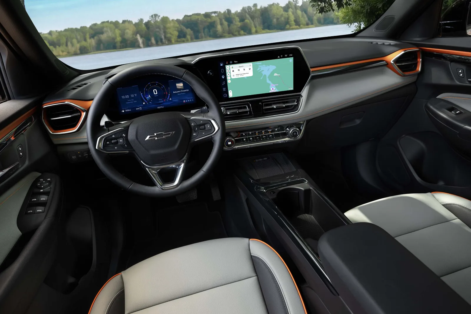 2027 Trailblazer Z71 interior in Jet Black and Storm Sky Gray with Orange accents
