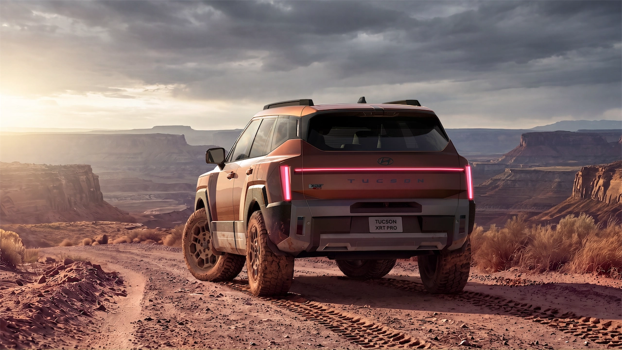 Rear view of the Tucson XRT PRO on a rocky overlook