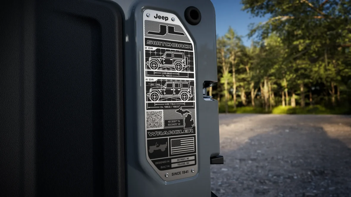 Blueprint-style swing-gate plaque on the Wrangler Switchback