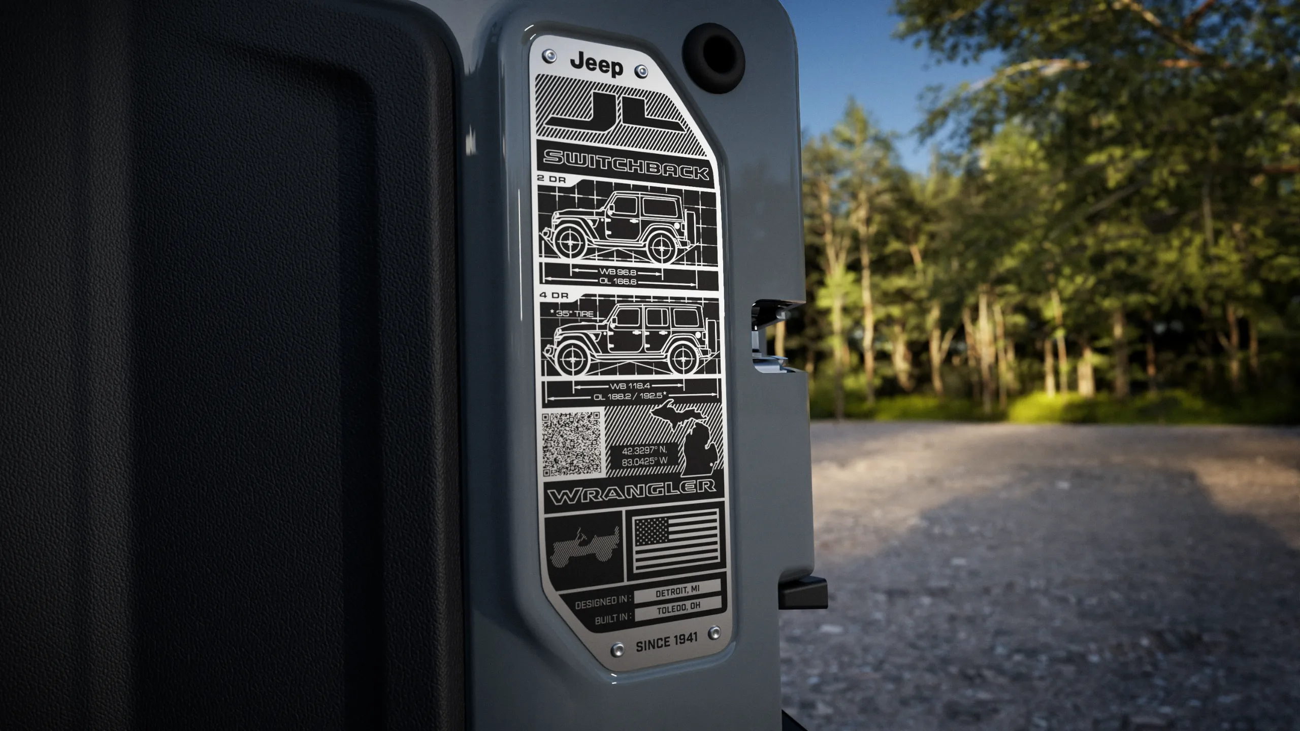Blueprint-style swing-gate plaque on the Wrangler Switchback
