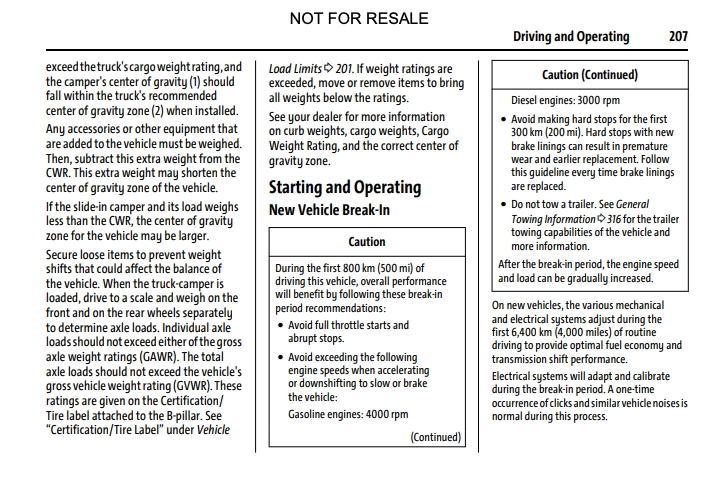 2027 Chevrolet Silverado owner’s manual page on loading limits and starting