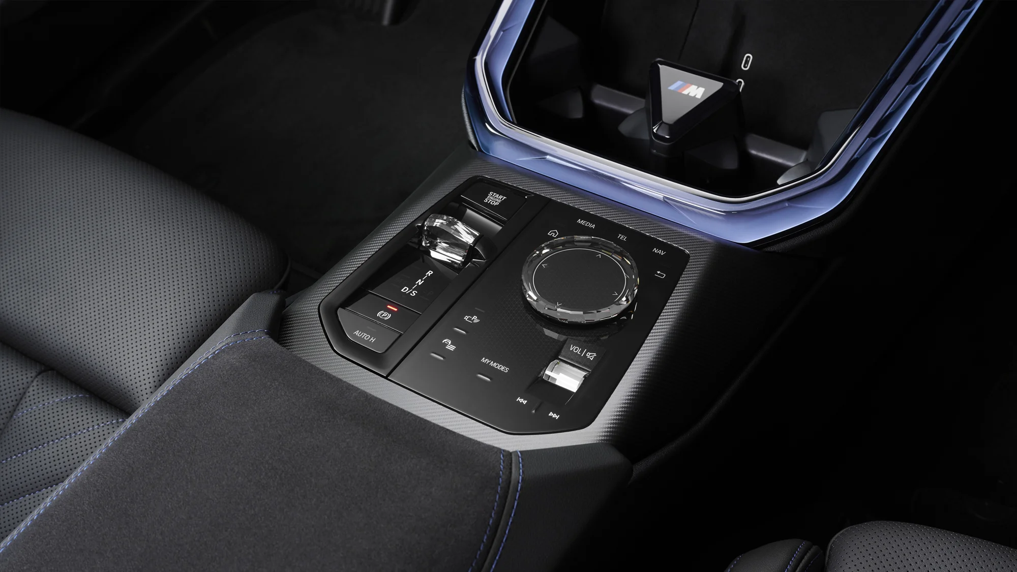 2027 BMW X3 M50 Black Package center console controls with glass accents