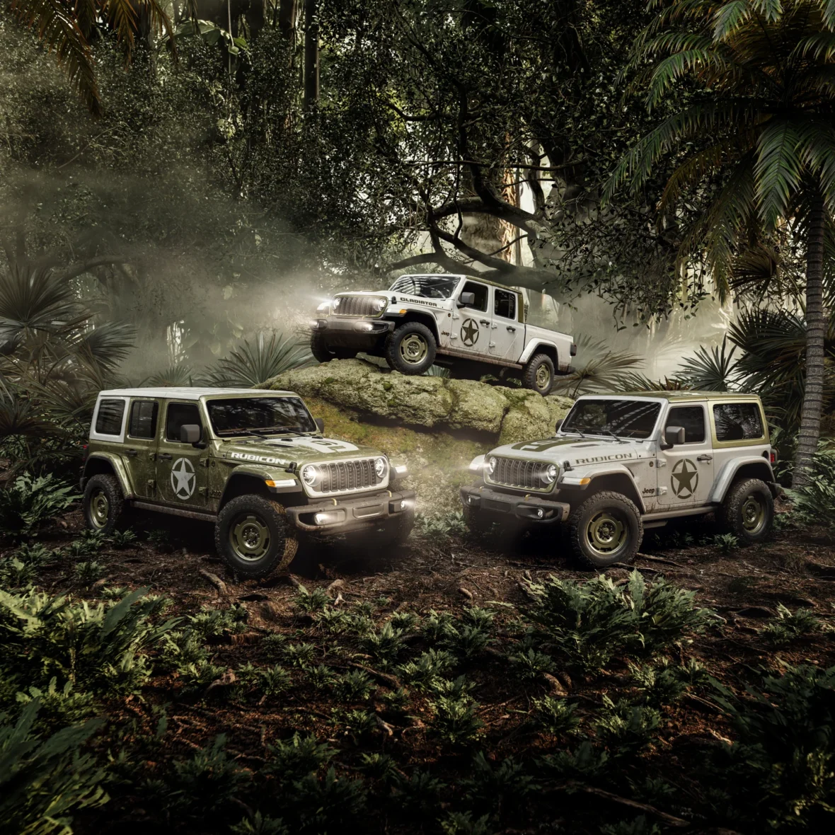 2027 Jeep Wrangler Sarge and Gladiator Sarge lineup in the jungle