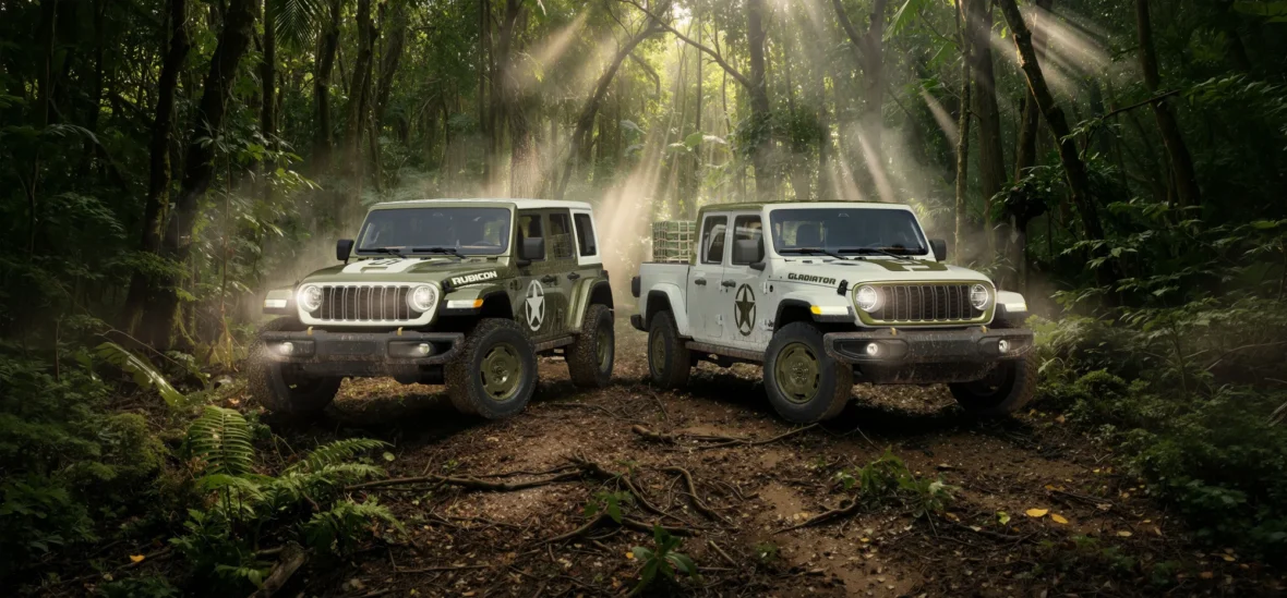 2027 Jeep Wrangler Sarge and 2027 Jeep Gladiator Sarge on a forest trail