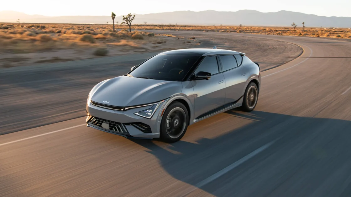 2027 Kia EV6 GT-Line driving on a desert road