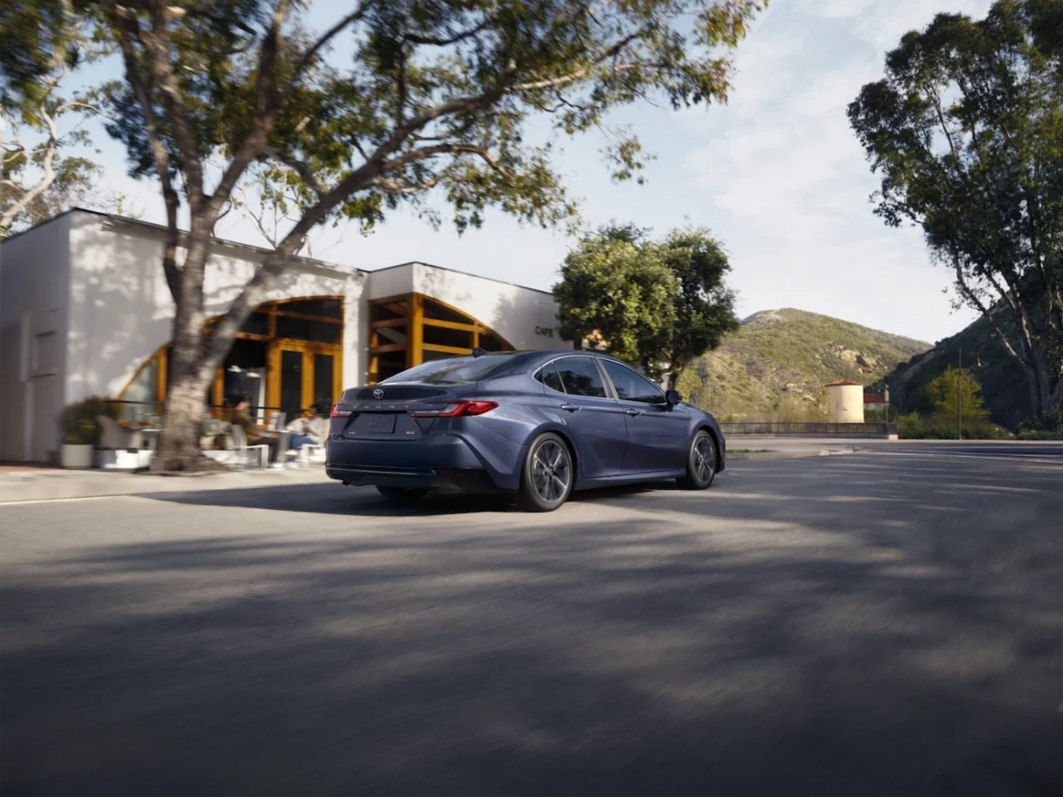 A blue sedan driving down a tree-lined street with a modern cafe building in the background.