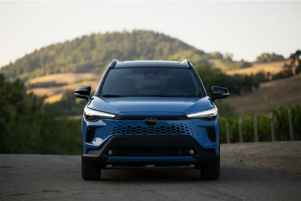 Front view of the 2027 Toyota Corolla Cross Hybrid XSE in Cavalry Blue